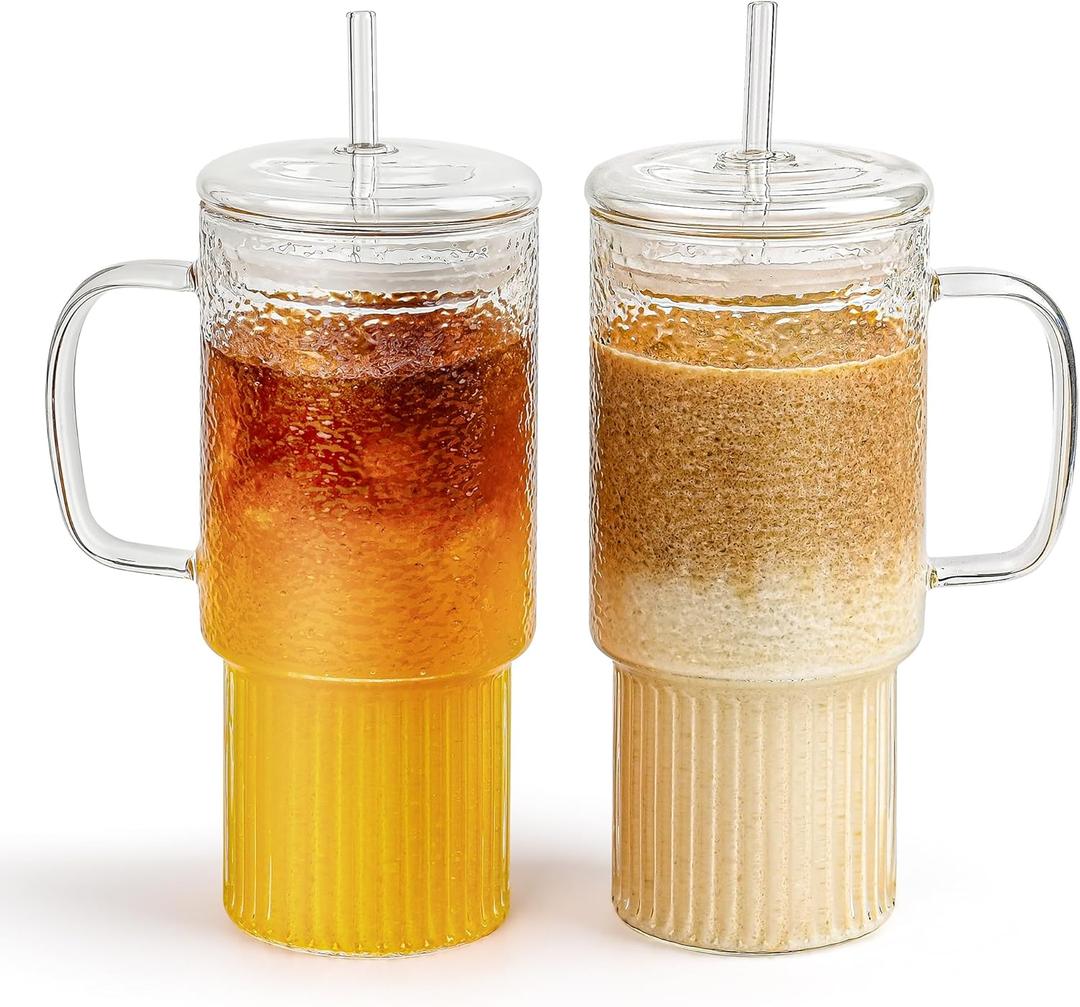 32oz Ribbed Glass Cup with Handle Lid and StrawBorosilicate Glass Tumblers, Iced Coffee Cups Modern Glass Mug Hot/Cold Drinks for Smoothies, Tea, and Juice (clear-2Pack-glass Lid)