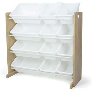 Humble Crew Kids Toy Storage Organizer with 12 Plastic Bins, Natural Wood/White  Removable Bins for Playroom, Bedroom, Toddler Furniture for Boys and Girls Ages