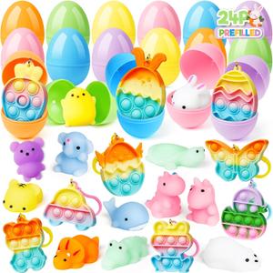24 Pack Prefilled Easter Eggs with Toys Inside, Filled with Assorted Squishy Toys & Pop Keychains, Surprise Plastic Eggs for Easter Hunt, Kids Basket Stuffers, Easter Party Favors Bulk for Boys Girls