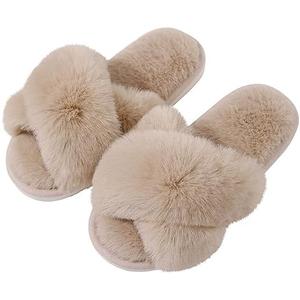 Evshine Women's Fuzzy Slippers Cross Band Memory Foam House Slippers Open Toe 42-43