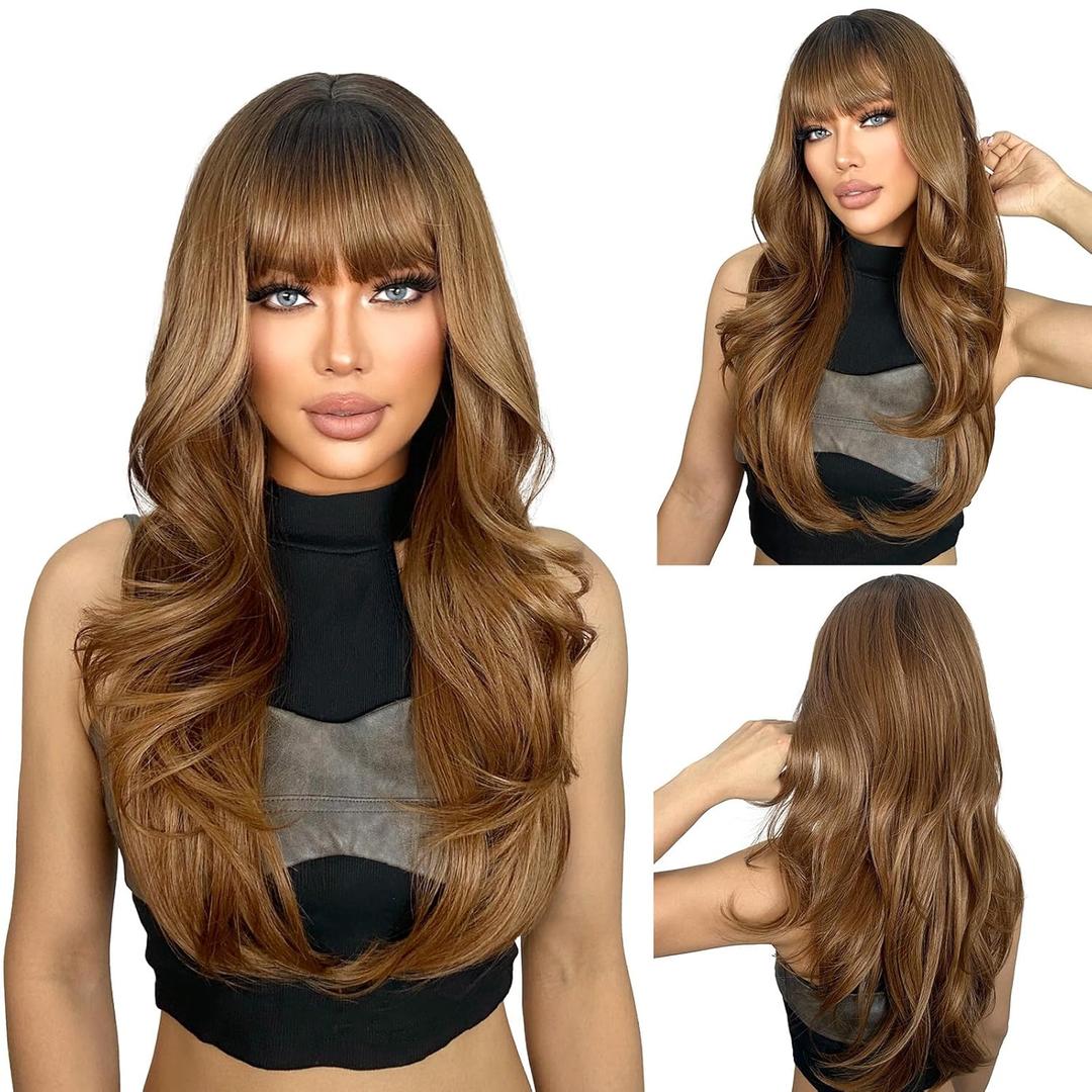 SUKRI Brown Wig with Bangs for Women Brown with Dark Roots Synthetic Wigs 26 Inch Heat Resistant Fiber for Daily Party Use