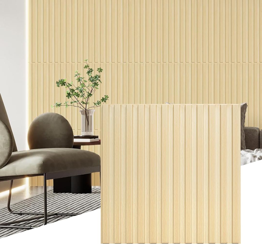 STICKGOO Slat Wall Panel, 3D Wall Panels for Interior Wall Decor PVC Fluted Textured Panel 12-Tile 19.7 x 19.7in - Oak