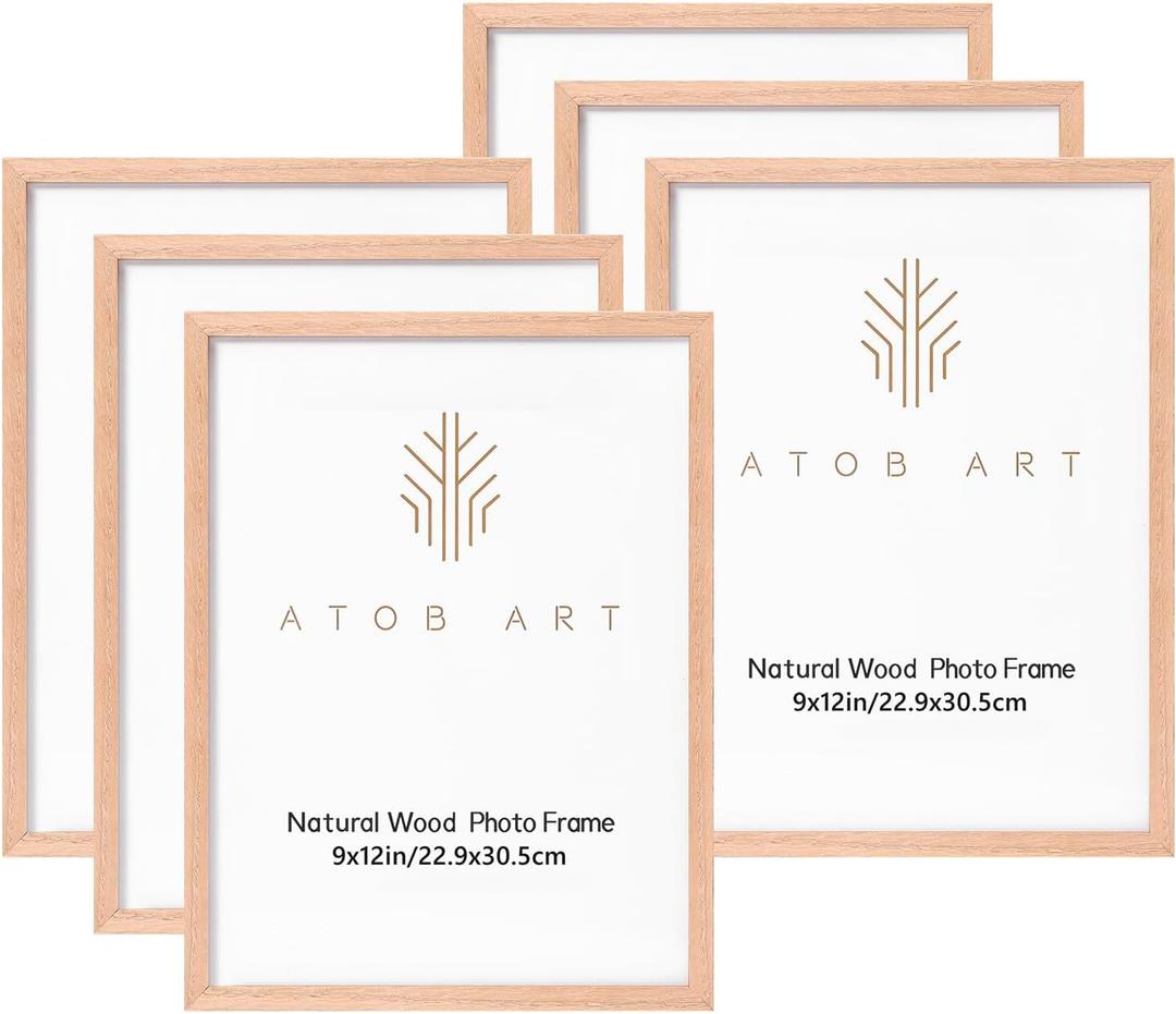 ATOBART 9x12 Picture Frames Solid Wood, 6 Pack OAK Photo Frame Set with Real Glass Cover, Natural Wood Color Frames, for Wall Mounting or Tabletop Display