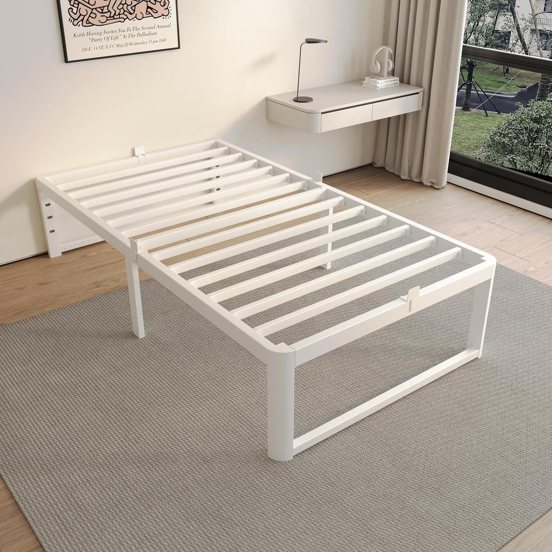 ZTH Twin Bed Frame, 14 inch Reinforced Heavy Duty Metal Platform Bed, White