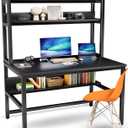 Aquzee Computer Desk with Hutch and Bookshelves, Large Leg Room 47 inch Width Black Desk with Space Saving Storage Shelves for Home Office, Study, Work, Easy Assemble