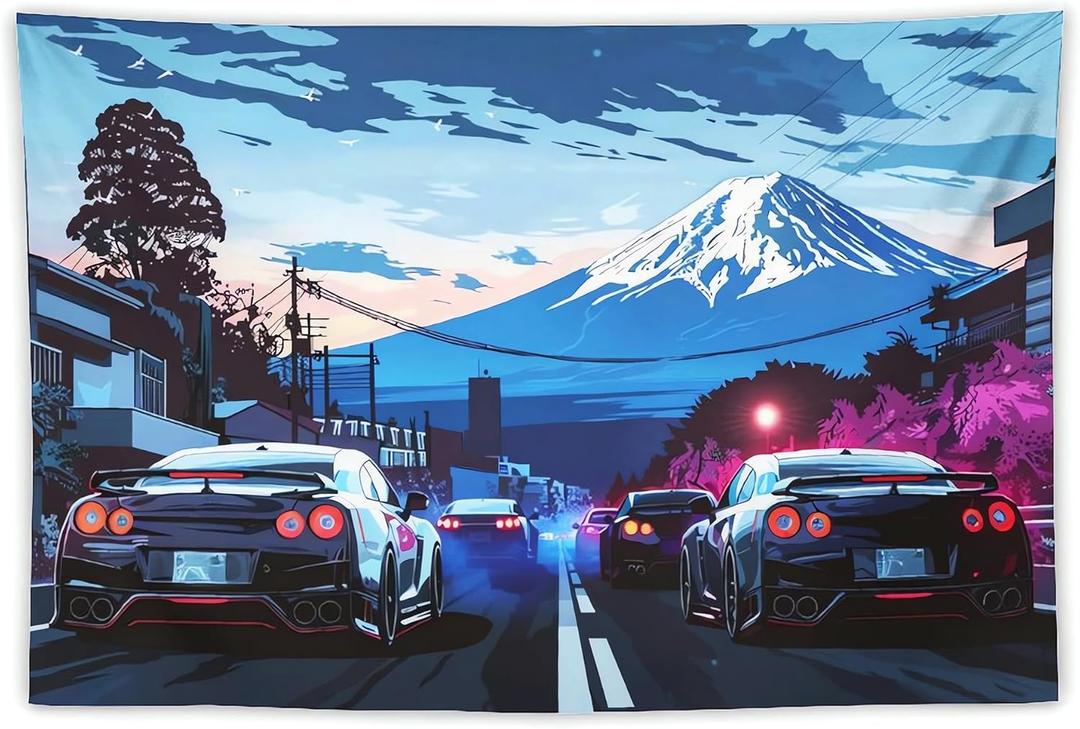 ANMOGID JDM R35 Cars Tapestry, Mount Fuji Art Anime Wall Hanging, Japanese Aesthetic Room Decor for Bedroom Living Room Dormitory Office 59" x 39"