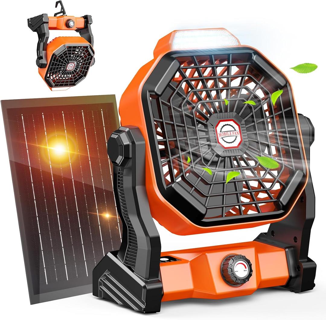 Drchop 20000mAh Solar Camping Fan, 10W Solar Powered Fans with Solar Panel, Rechargeable Fan & Led Lantern, Battery Operated Powered Outdoor Tent Fans for Camping Summer Essentials (Orange)