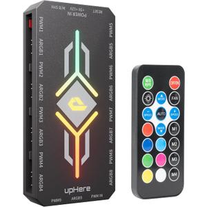 upHere PWM & 5V Addressable ARGB Magnetic Fan Hub 1 to 9-Port PC Case Splitter with Remote Control,SATA-Powered Cooling Hub for Custom RGB PC Builds,Black,P10PARGB BK