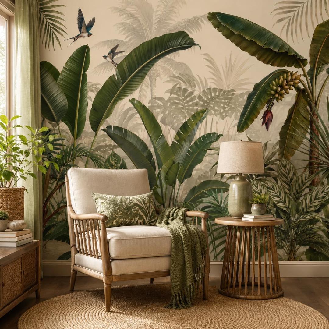 Tropical Botanical Peel and Stick Wall Mural, Canvas Wallpaper