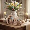 RattanView 2 Pcs Easter Wood Egg Decorations 5.91 Inch Rustic Retro Wooden Standing Decor with Egg Hollow Tabletop Figurine for Spring Home Gifts Tiered Tray Farmhouse Party Fireplace Shelf