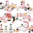 Wooden Dollhouse Furniture Set with 4 Family Dolls, 36 Pcs Sanlebi Doll House Accessories and Furniture, Miniature Furniture Including 5 Room Kits, Pretend Play Toy Gift for Boys Girls Toddler 3+