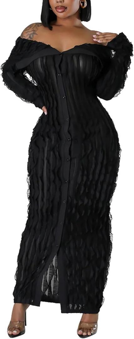 LETSVDO Women's Maxi Off Shoulder Dress Long Sleeve Button Down Ruffle Mesh Bodycon Sexy Dresses Stretchy (Large, 1-black)