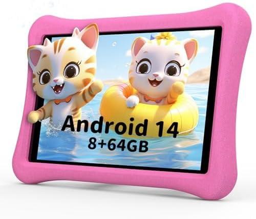 Kids Tablet for Kids 3-7: 10 inch Android 14 Tablet 6000mAh, 8GB+64GB+1TB Expandable for Toddler with Kids Space, Parental Control, HD, Dual Camera, WiFi, Shockproof Case, Screen Protector (Pink)