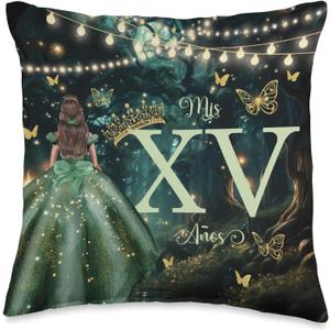 Enchanted Forest Emerald Green Quinceañera Mis XV 15 Años Throw Pillow, 16x16