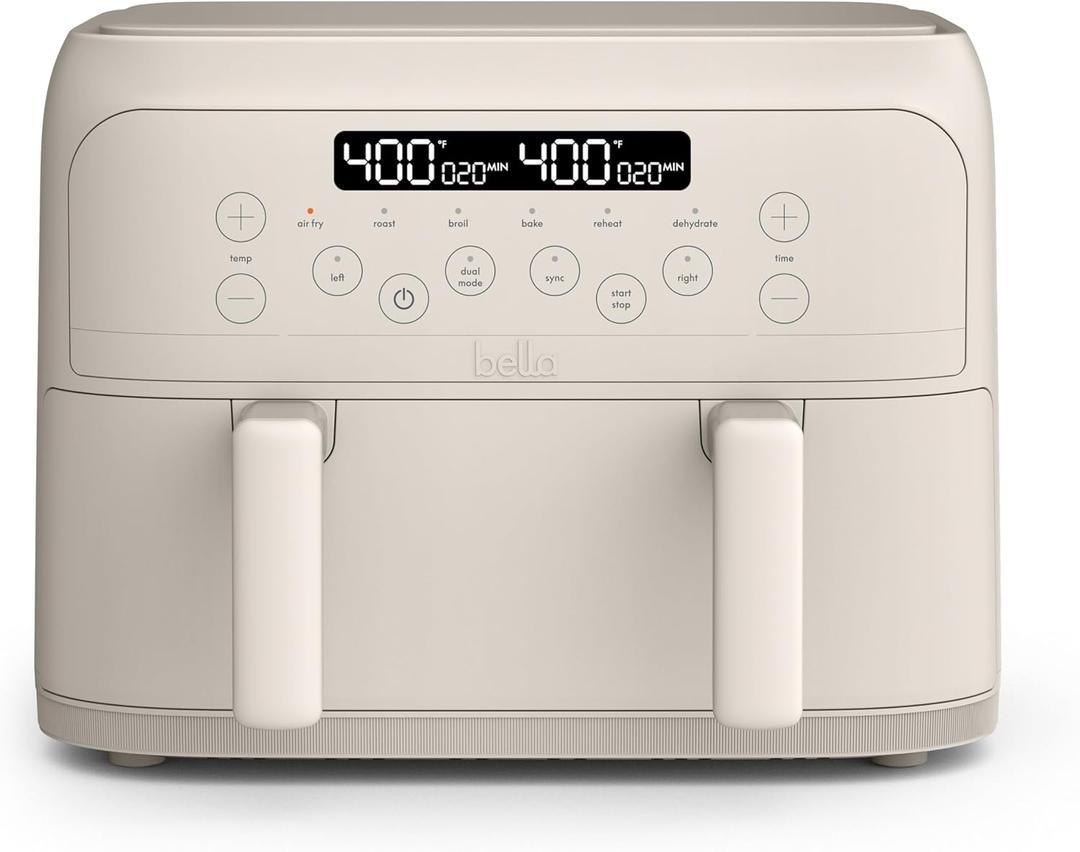 Bella 4 Qt TriZone Air Fryer, EverGood Ceramic Nonstick Coating, Dual Basket Design w Removable Divider, Digital Touchscreen Control w 6 Preset Cooking Options, 1200 Watt, 3lb Capacity, Oatmilk, 4.0QT