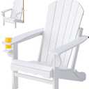 Adirondack Chairs, Folding Adirondack Outdoor Chair with Cup Holder, Wood Texture Fire Pit Chairs for Lawn, Patio Garden and Deck, White
