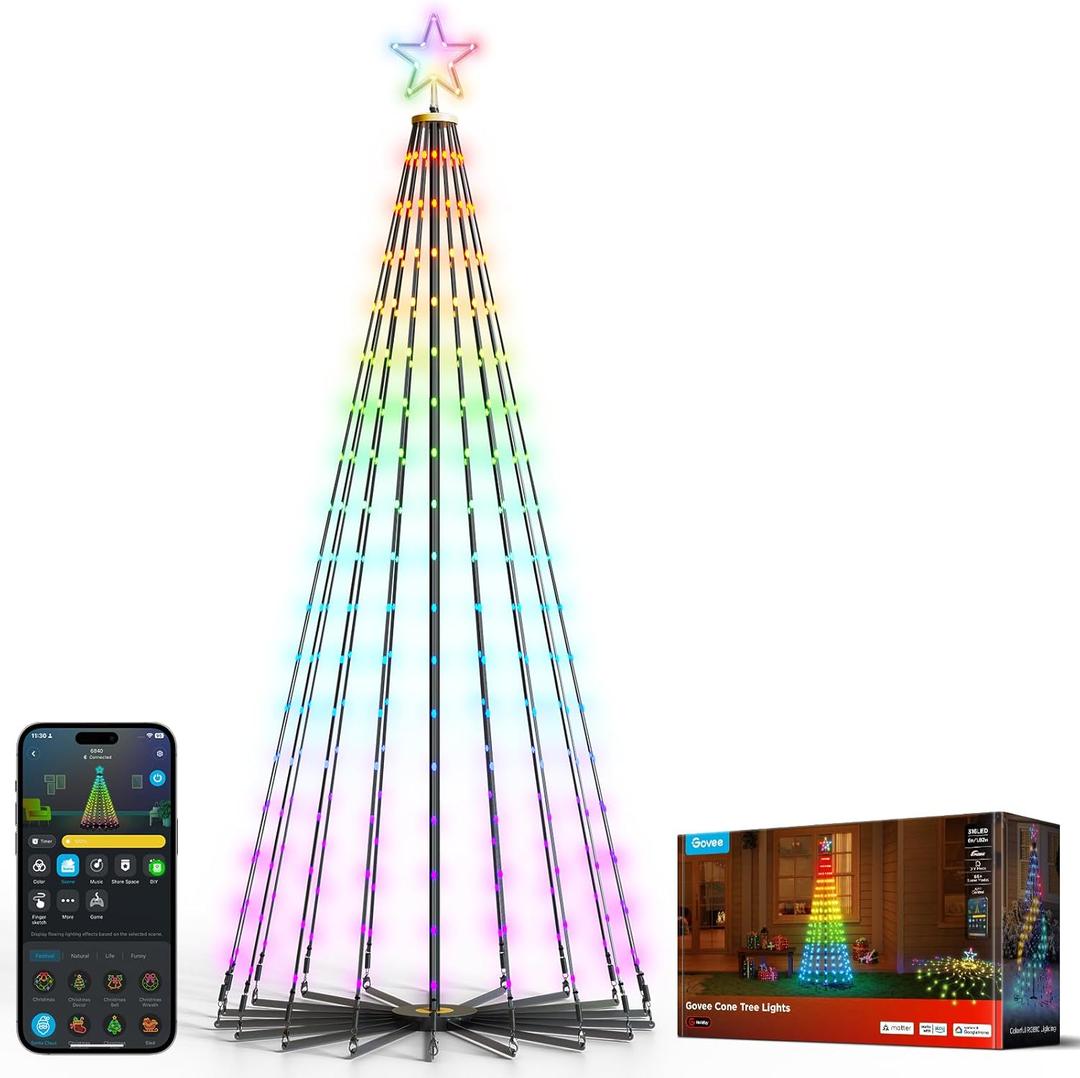 Govee Christmas Cone Tree Lights, 6ft 316 LEDs RGBIC Christmas Tree Lights with Smart App Control, IP67 Waterproof Outdoor String Lights for Xmas Decorations, 82+ Scene Modes, Music Sync, Black Stand