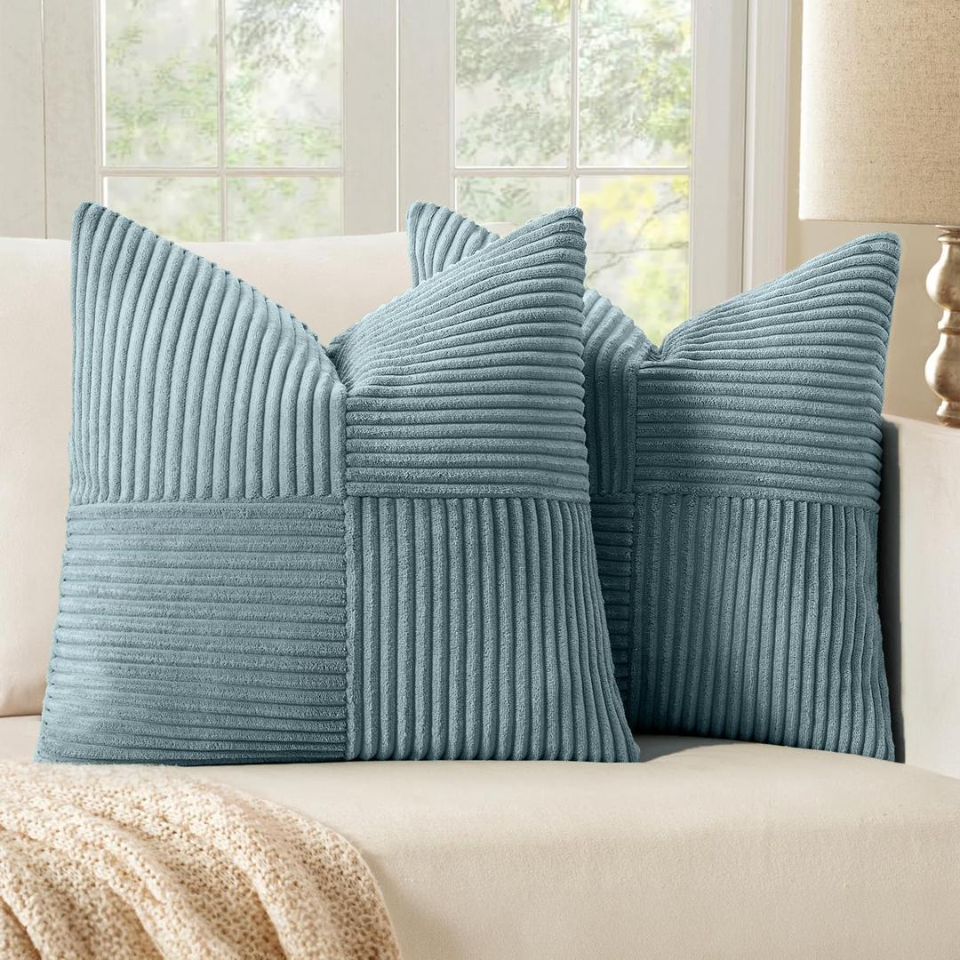 MIULEE Dusty Blue Corduroy Pillow Covers Pack of 2 Boho Decorative Spliced Throw Pillow Covers Soft Solid Couch Pillowcases Cross Patchwork Textured Cushion Covers for Living Room Bed Sofa 20x20 inch
