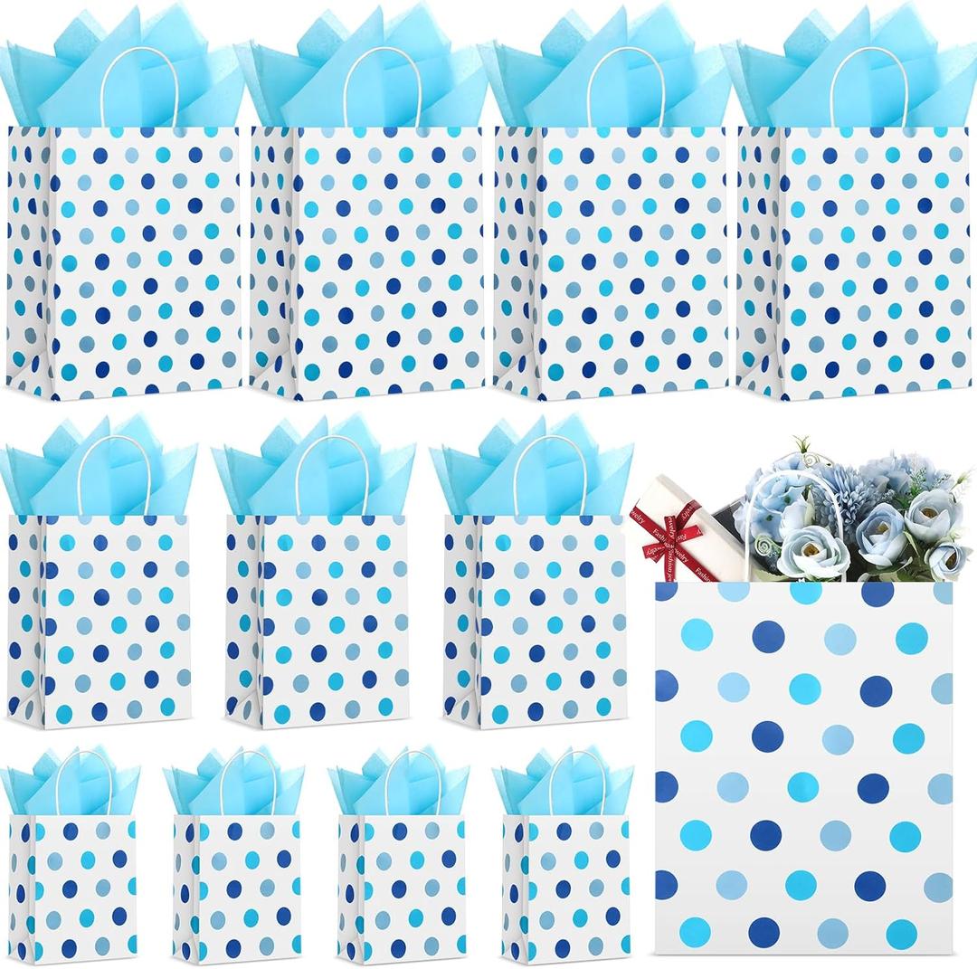 Humyoun 12 Pcs Party Gift Bag with Tissue Paper 6.5" 9.6" 13" Treat Bag for New Year Valentine's Day Easter Graduation Birthday Baby Shower Wedding Party Supplies(Blue Dots)