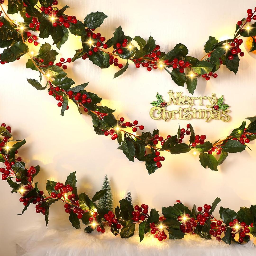 Lyrow 18 ft 3 Pcs Lighted Christmas Garland with Red Berry Artificial Christmas Vine Winter Holly Leaves LED Christmas Light String for Fireplace Mantle Indoor Outdoor Winter Holiday Decor