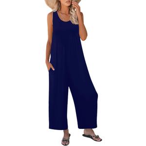 Women's Summer Casual Loose Tank Jumpsuit Sleeveless Crewneck Long Pants Jumpsuit Romper with Pockets (Large, Dark Blue)