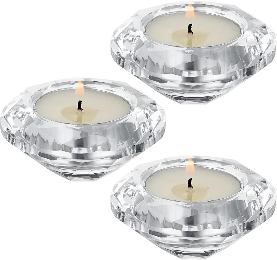 OwnMy Set of 3 Crystal Tea Light Holders Small Round Votive Candle Holders, Clear Crystal Diamond Shaped Tealight Candle Stands for Wedding Table Centerpieces Living Room Table Decors