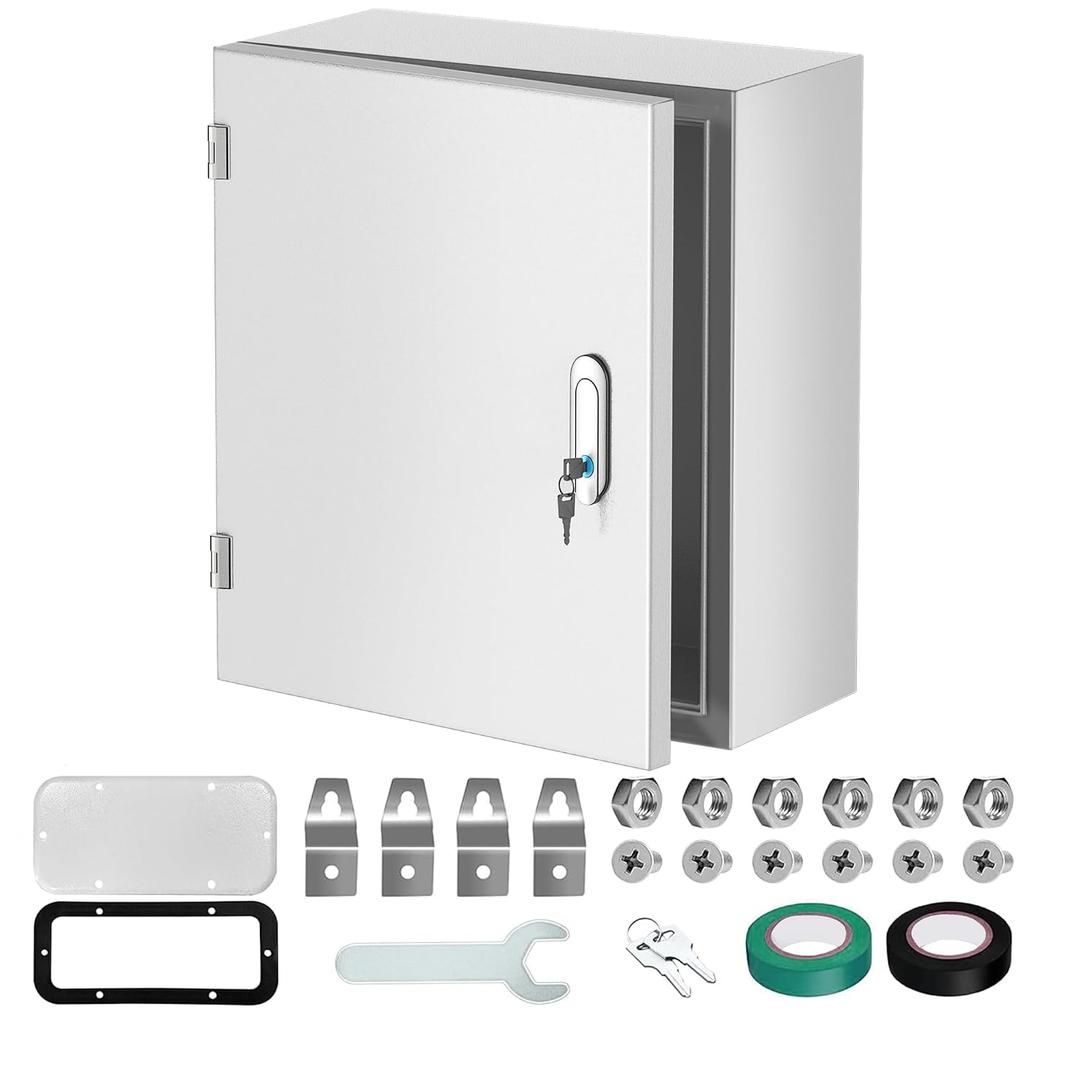20" x 16" x 8" Heavy Duty Outdoor Wall Mount Steel Electrical Junction Box, Weatherproof Enclosure with Removable Panels, Lockable Lid & DIN Rail for Solar, Traffic & Industrial Machine Wiring