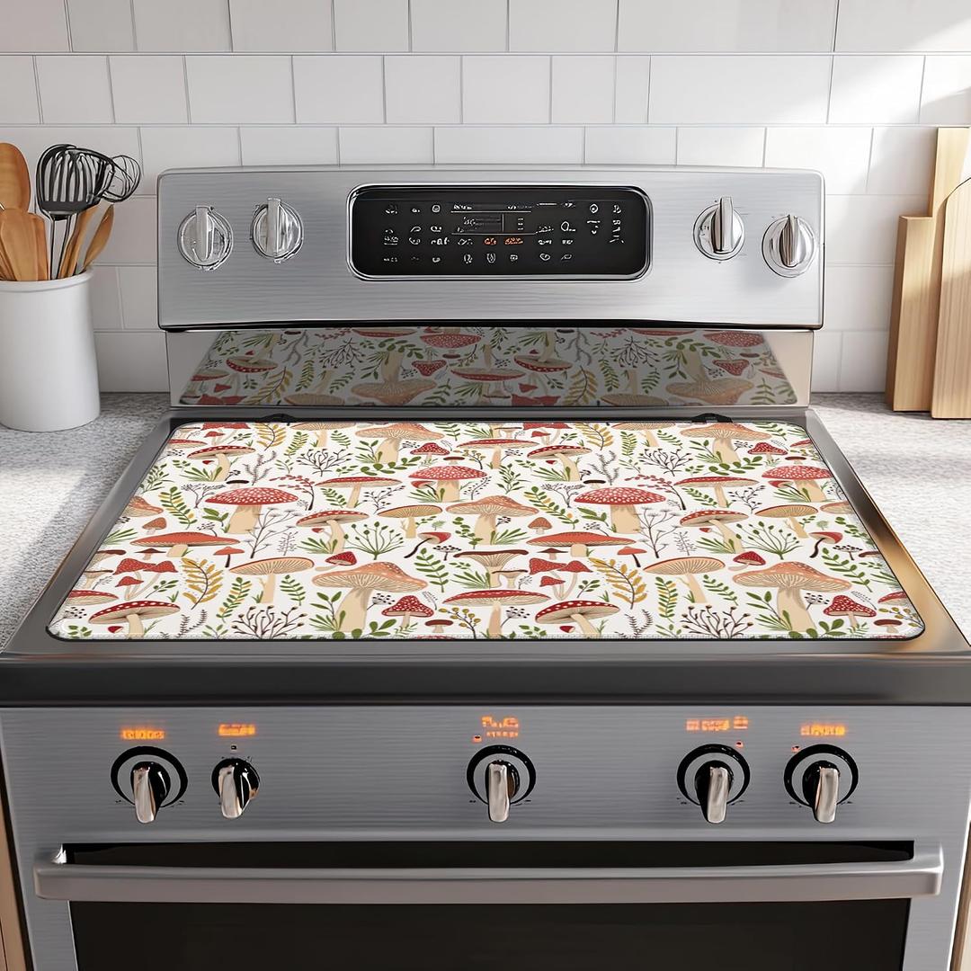 Stove Top Cover for Electric Stove,Mushrooms Plants Extra Thick Rubber Stovetop Protector Mat, Heat Resistant Glass Cooktop Oven Cover 28.5'' x 20.5''