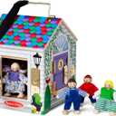 Melissa & Doug Take-Along Wooden Doorbell Dollhouse - Doorbell Sounds, Keys, 4 Poseable Wooden Dolls Portable Doll House, Doorbell House for Kids Ages 3+