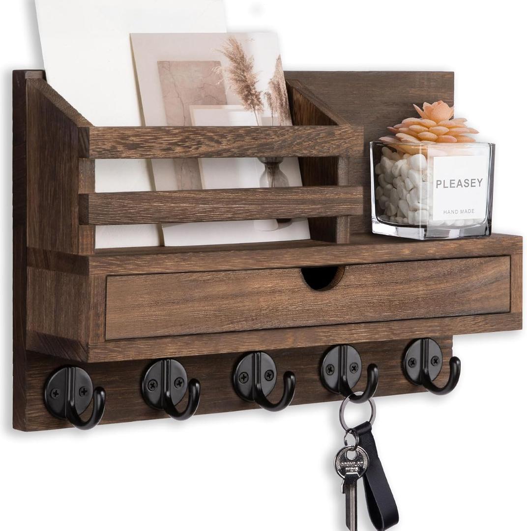 Key Holder Wall Mount, Mail Holder with Storage Drawer and 5 Key Hooks for Coat, Dog Leash, Home Decor Rack, House Accessories, Entry Way Organizer (Standard - 11.8 Inch, Brown)
