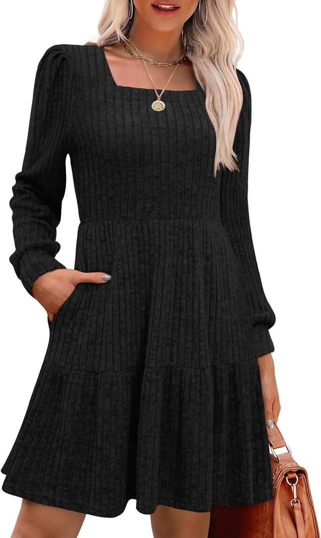 MixShe Women's Fall Dresses 2025 Square Neck Long Sleeve Winter Dress (Medium, Black)