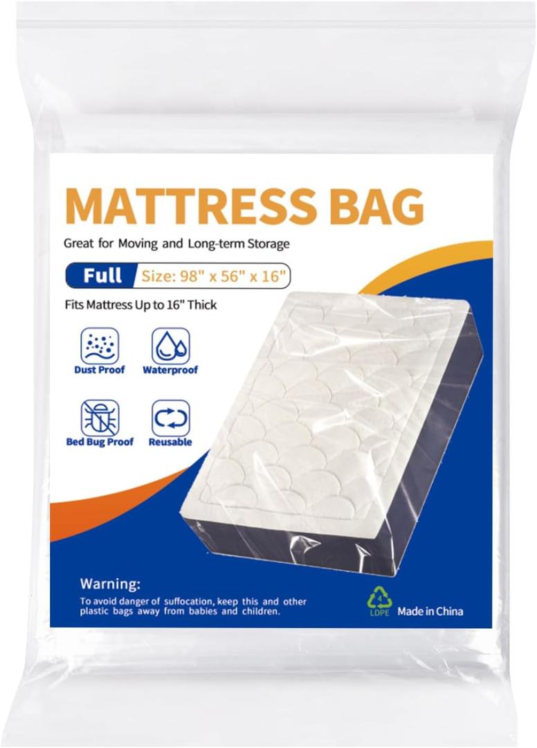 Mattress Bag for Moving Storage - Plastic Waterproof Mattress Protector Cover,Heavy-Duty Mattress Moving Supplies (1, Full)