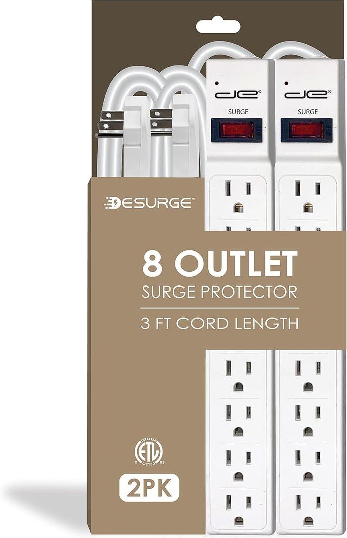 Digital Energy 8 Outlet Surge Protector - 15 AMP, 1875 W, 125 V, 350 J Surge Protection, ETL Listed - Flat Plug (White, 3 FT (Pack of 2)