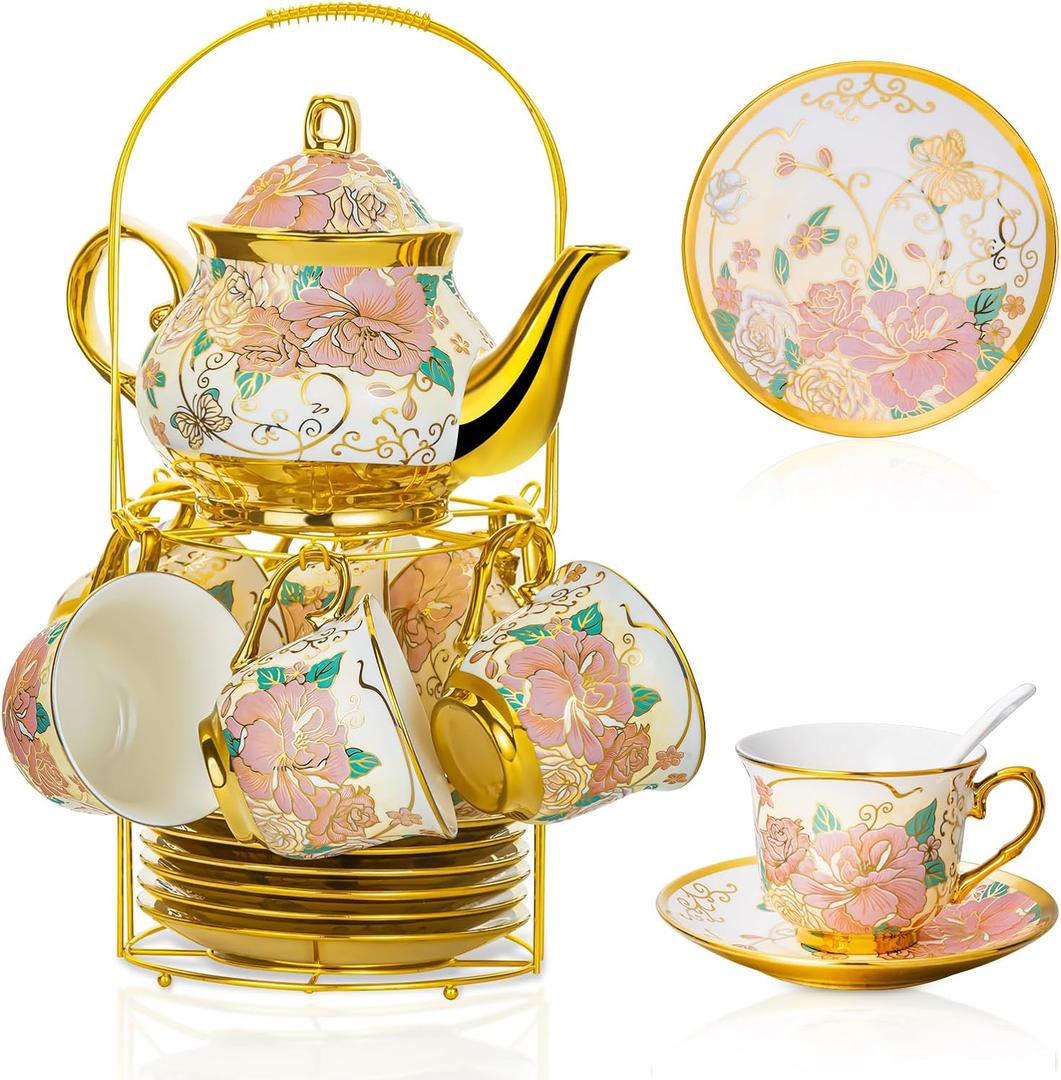 20 Pieces European Ceramic Tea Set for Adults With Metal Holder and Flower Painting (Large Cream Version)