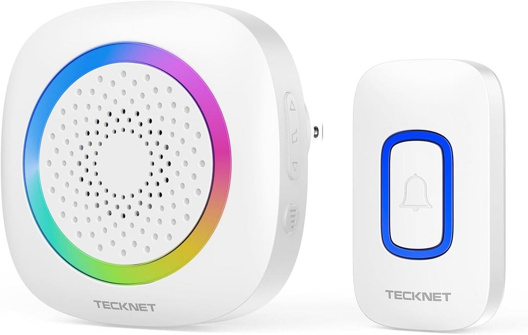 TECKNET Plug-in Wireless Doorbell with RGB Lighting & 1300 Feet Range,IP66 Waterproof Doorbell for Home/Classroom/Office/Business,60 Chimes,5-Level Volume,4.5-Year Battery Life(White)