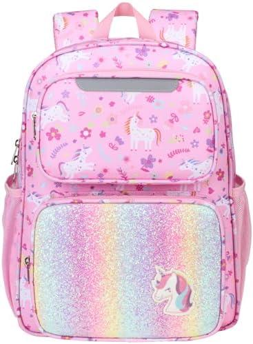 BrainyBees Kids Backpack for Girls - 15 Inch Unicorn Backpack for Kids 3 to 8, School Bookbag for Preschool Kindergarten and Elementary 1st 2nd, Insulated Pocket and Reflective Stripe, Pink Unicorn