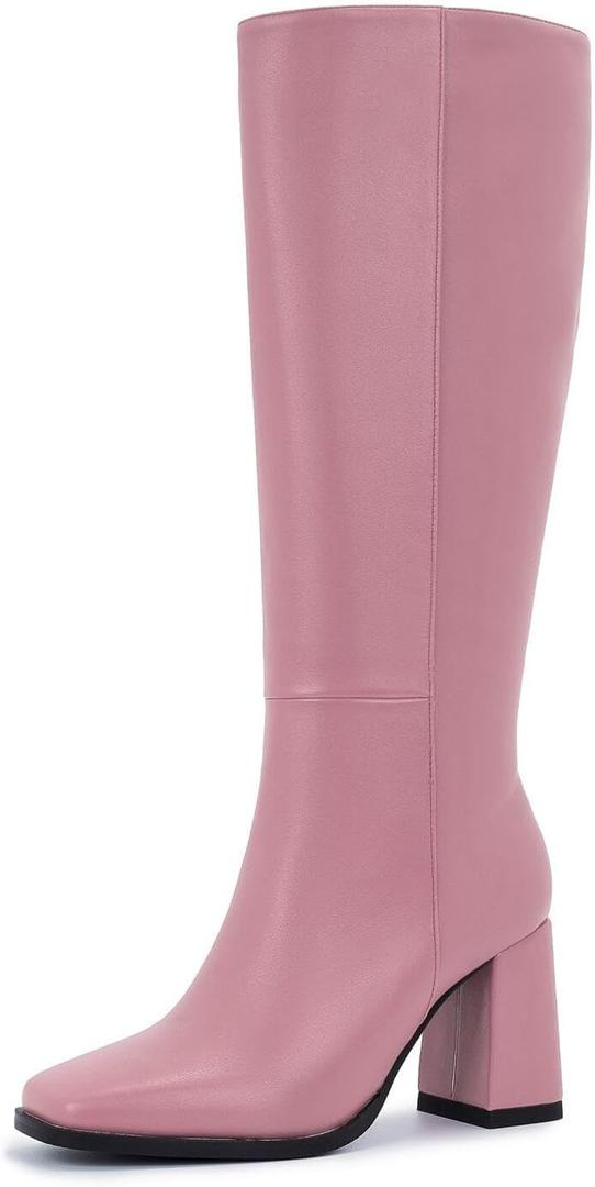 Knee-High Boots for Women - Wide Calf Boots with Zipper, Square Toe Tall Leather Boots, Chunky Heel Fashion Long Boots (Pink)