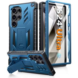 FNTCASE for Samsung Galaxy S24-Ultra Case: Military Grade Drop Proof Protection Cases with Kickstand | Shockproof Rugged Hard Phonecase Heavy Duty Matte Textured Protective Cover - 6.8 Inch Blue