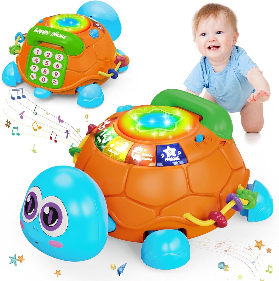 Baby Toys 6 to 12 Months,Infant Musical Turtle Crawling Toy with Phone Hand Drum, Baby Toy 7 8 9 10 18 Months 1-2 Year Old Girl Boy Gift (Blue)
