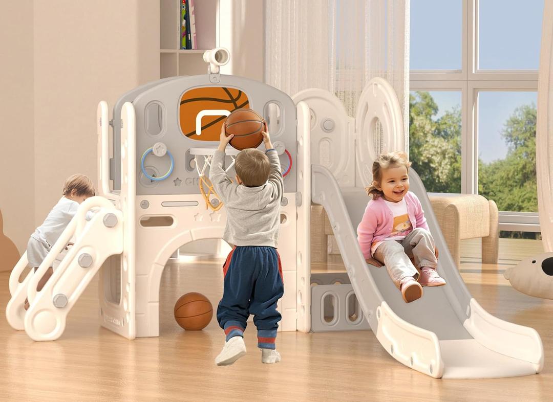 XJD 8 in 1 Toddler Slide Set, Kids Slide for Toddlers Age 1+, Toddler Climber Slide PlaySet with Basketball Hoop and Ball,Outdoor Indoor Playground for Toddlers 1-3 (Beige Grey, 8 in 1)