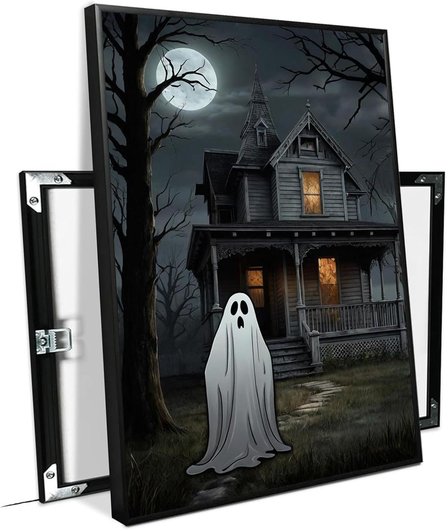 XWNLTEPK Halloween Canvas Wall Art Spooky Ghost Figure Haunted House Poster Moonlit Trees Foreboding Silhouette Wall Print Dark Gray Black Decor Living Room Bedroom (8x12in Black Framed, A05)