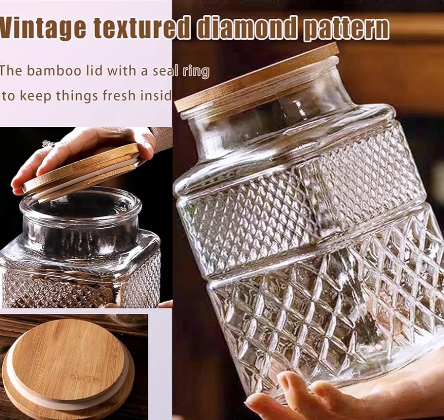 Large Glass Jar with Wood Lid and Spoon 60 OZ Square Thick Glass Storage Jars Airtight Lids Clear Decorative Vintage Canister for Food Candy Cookie Sugar Coffee Nuts Snack Dog Treat