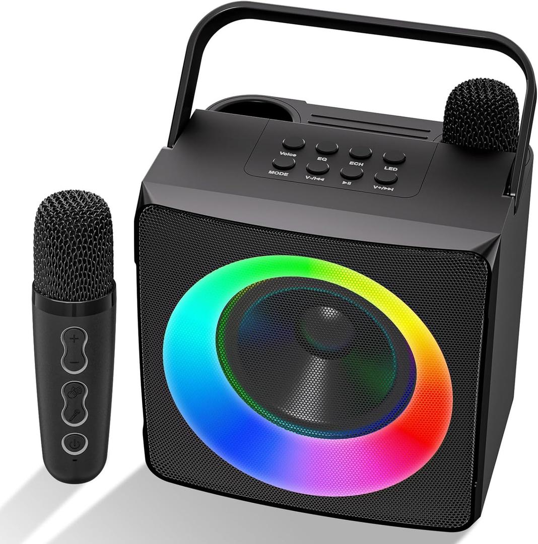Verkstar Karaoke Machine, Portable Bluetooth Karaoke Speaker for Kids Adults, Unique Singing Machine with Two Wireless Microphones Storage Hole, Ideal Gifts for Girls Boys (Black)