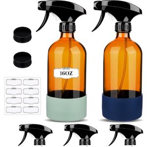 2 Pack/16 Oz Glass Spray Bottles, Refillable Empty Containers with Silicone Sleeve, Upgraded Adjustable Nozzle Spray Bottle Sets for Cleaning, Essential Oils, Hair (Amber)