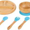 TATA AMG® Bamboo Suction Plate & Bowl with Fork and 2 Spoons | Divided Wooden Feeding Dish for Toddlers | BPA-Free Baby Led Weaning (BLW) Utensil Set