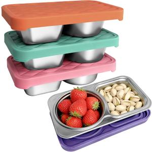 4 Pack Stainless Steel Snack Containers, 2 Compartment Snack Container with Silicone Lids, Easy Open Leak Proof Reusable Metal Toddler Snack Containers for Daycare (Orange, pink, purple, blue)