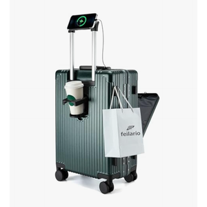 feilario 20in Aluminium Frame PC Hard Shell Spinner Wheels Luggage, Built-In TSA lock Carry on Suitcase, with Cup Holder, USB Port, Phone Holder