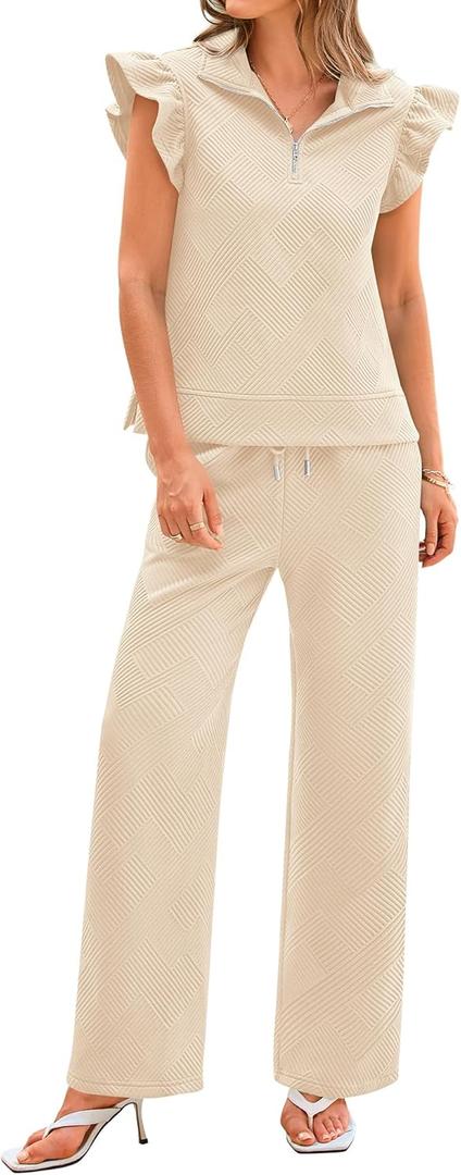 BTFBM Women Summer 2 Piece Sets Airport Outfits Ruffle Cap Sleeve Quarter Zip Top Wide Leg Pants Lounge Set Tracksuits(Apricot, Small)