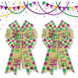 2 x Hying 2 Pieces Mardi Gras Bows for Wreath, Mardi Gras Wreath Bows Green Gold Purple Buffalo Plaid Bows Fat Tuesday Gift Bows for Front Door Mardi Gras Masquerade Cosplay Party Decor Supplies (Style 32pcs Words)