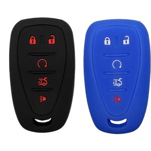 Silicone Key Fob Cover Case Protector Fit for Chevy Malibu Camaro Trax Traverse Sonic Cruze Volt Equinox Spark Bolt EV Keyless Entry Remote Fob Skin Jacket Holder (1 Black with Red + 1 Blue)